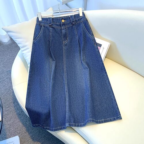 蓝色牛仔半身裙女2025春夏新款高腰宽松显瘦大摆伞裙中长款a字裙