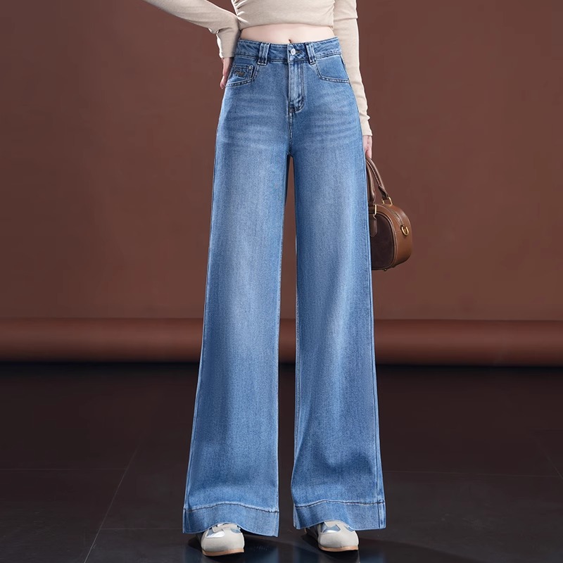 今年流行时尚蓝色直筒牛仔裤女秋季2025新款爆款高腰显瘦大阔腿裤