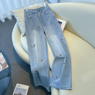 今年流行爆款 浅蓝色小狗刺绣牛仔裤 女春装 2026新款 超火直筒阔腿裤