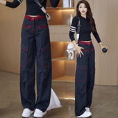 高腰显瘦宽松加绒拖地直筒裤 撞色工装 新款 2025秋冬季 潮 牛仔阔腿裤