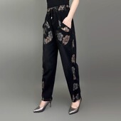 印花灯笼裤 宽松萝卜裤 女高腰春秋加绒加厚民族风大码 中老年牛仔裤