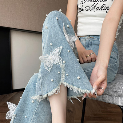 流苏钉珠牛仔喇叭裤女今年超火蕾丝裤子夏季高腰小个子微喇九分裤