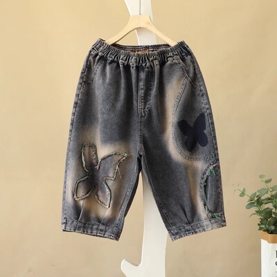 夏季薄款复古四叶花蝴蝶贴布毛边牛仔六分裤宽松拼接五分中裤马裤