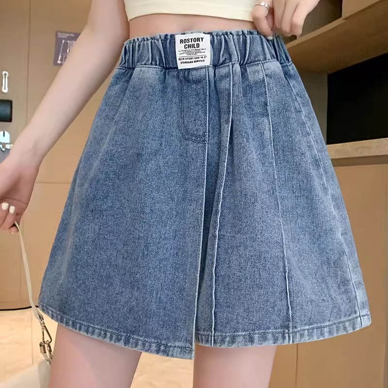 松紧腰牛仔短裤女2025夏季新款大码胖mm高腰显瘦宽松阔腿A字裙裤