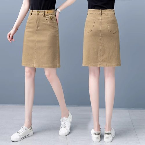 纯棉卡其色半身裙女2026新款夏天春季a字休闲包臀短裙一步牛仔裙