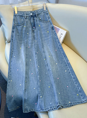 蓝色刺绣牛仔半身裙2026春夏新款女小个子梨型身材巨好看A字伞裙