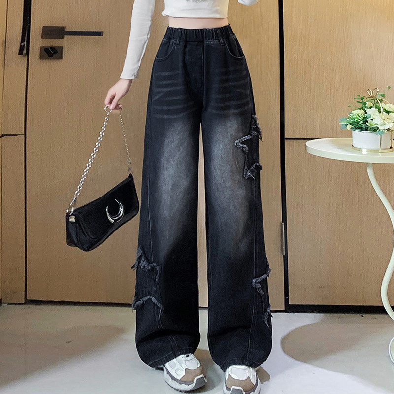 秋冬黑色星星装饰阔腿牛仔裤女2026加绒大码高腰显瘦宽松辣妹长裤,女装/女士精品,牛仔裤,淘宝优惠券,粉丝福利购,淘宝优惠卷