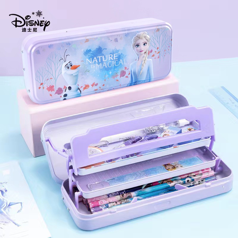 艾莎公主文具铁盒冰雪奇缘小学生笔盒三层elsa女王铅笔盒多功能大