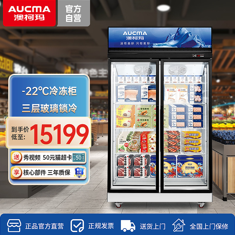 澳柯玛冷冻展示柜商用速冻柜急冻肉类冻品双三门立式冰箱低温冰柜