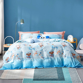 富安娜60支长绒棉儿童四件套卡通床品三套件蓝色男童印花被套床单