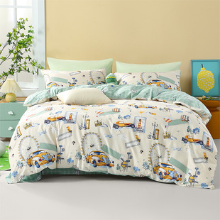 富安娜A类全棉四件套儿童卡通印花套件四季通用床单被套三件套