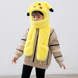皮卡丘儿童一捏耳朵会动的帽子宝可梦兔耳朵帽气囊帽围巾手套一体