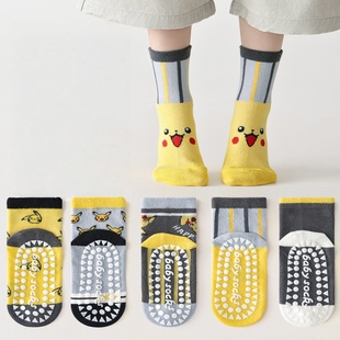 皮卡丘儿童宝宝防滑地板袜春秋季网眼袜子宝可梦男童点胶蹦床袜子