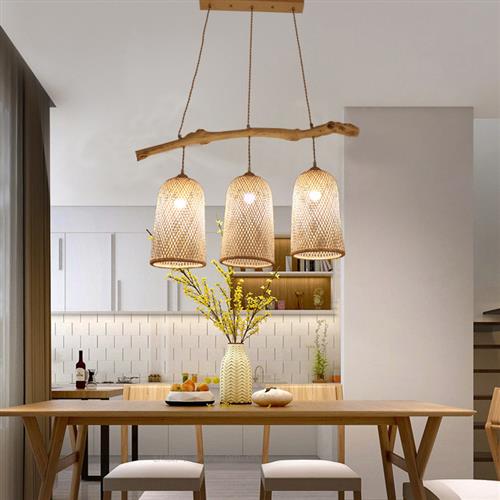 一件代发吊灯新中式禅意茶室灯创意个性三头餐厅树枝灯竹编吊灯