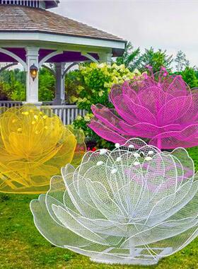 户外不锈钢镂空花朵雕塑铁艺网格莲花发光摆件售楼处草坪景观装饰