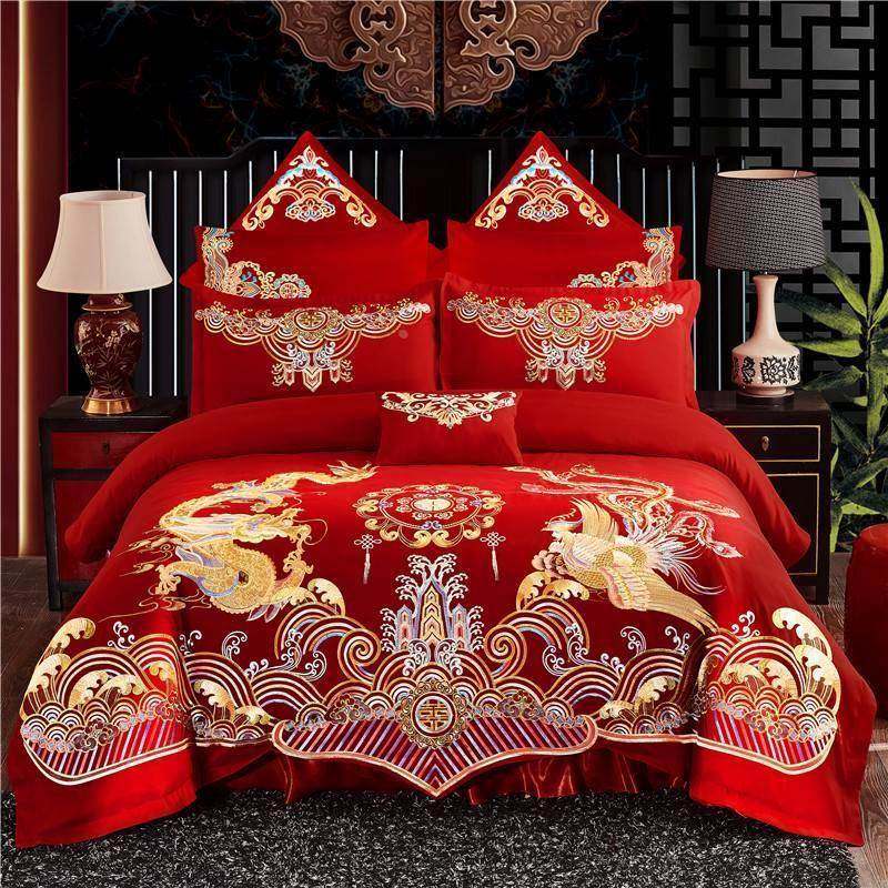 婚庆四件套大红刺绣结婚新婚床品中式龙凤被套床上用品六八十件套,床上用品,婚庆床品套件,淘宝优惠券,粉丝福利购,淘宝优惠卷