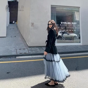 欧美法式重工网纱半身裙粉色波点a字长裙2024冬季通勤蛋糕裙蕾丝