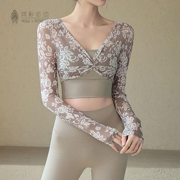 带胸垫瑜珈长袖恤女假两件性感