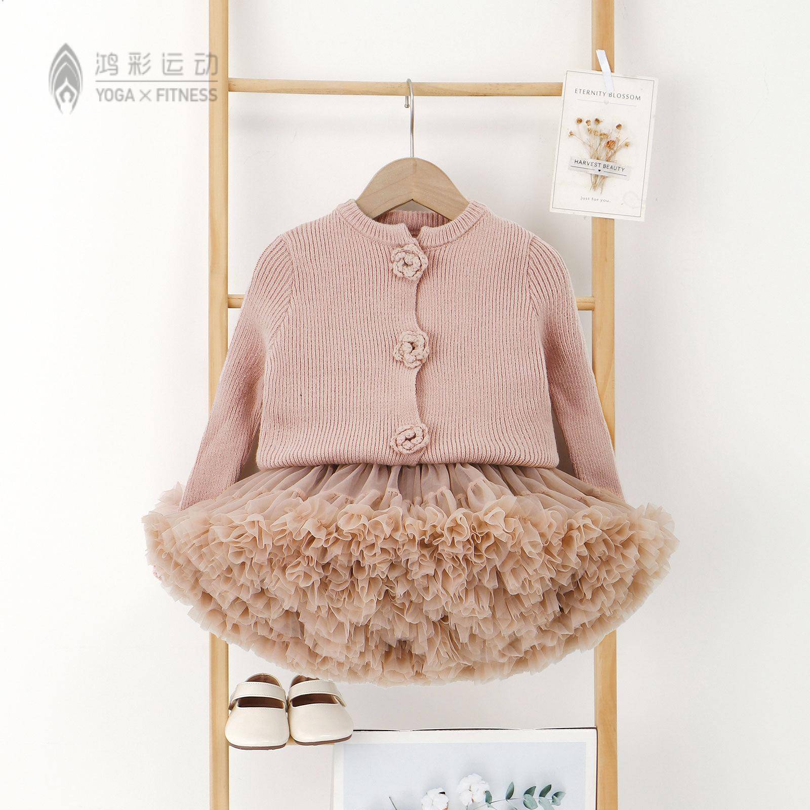 女童秋冬新款粉色花朵针织开衫裙