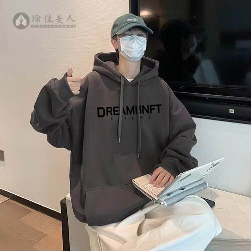 oveize美式加绒连帽卫衣男秋冬