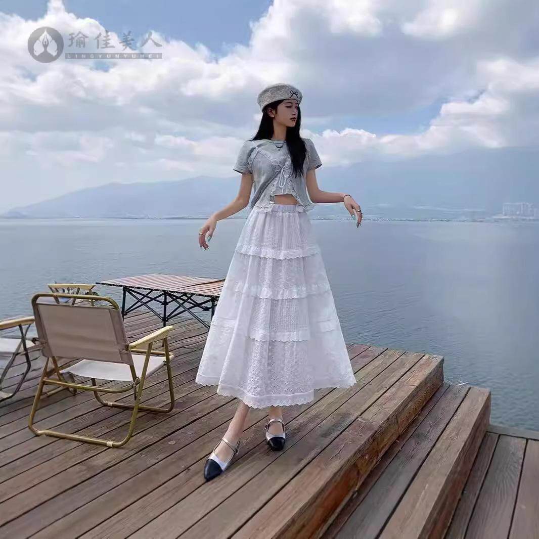 绣花白色高腰显瘦半身裙女春秋季