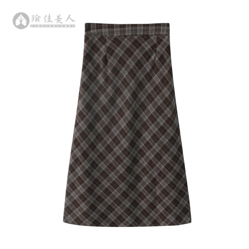 秋冬新款赫本风纹高腰显瘦A字