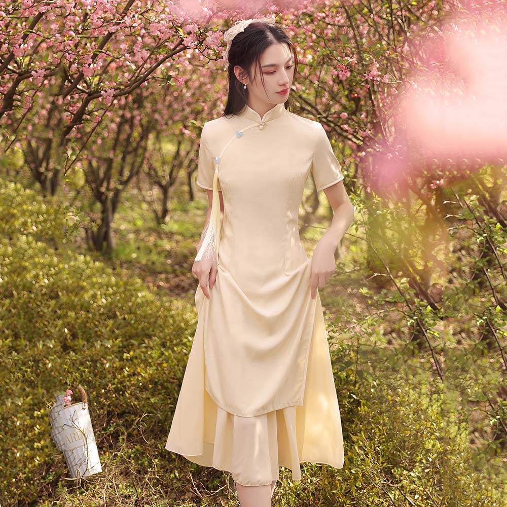长款奥黛旗袍茶服女夏季仙气年轻款粉色少女改良连衣裙中国风