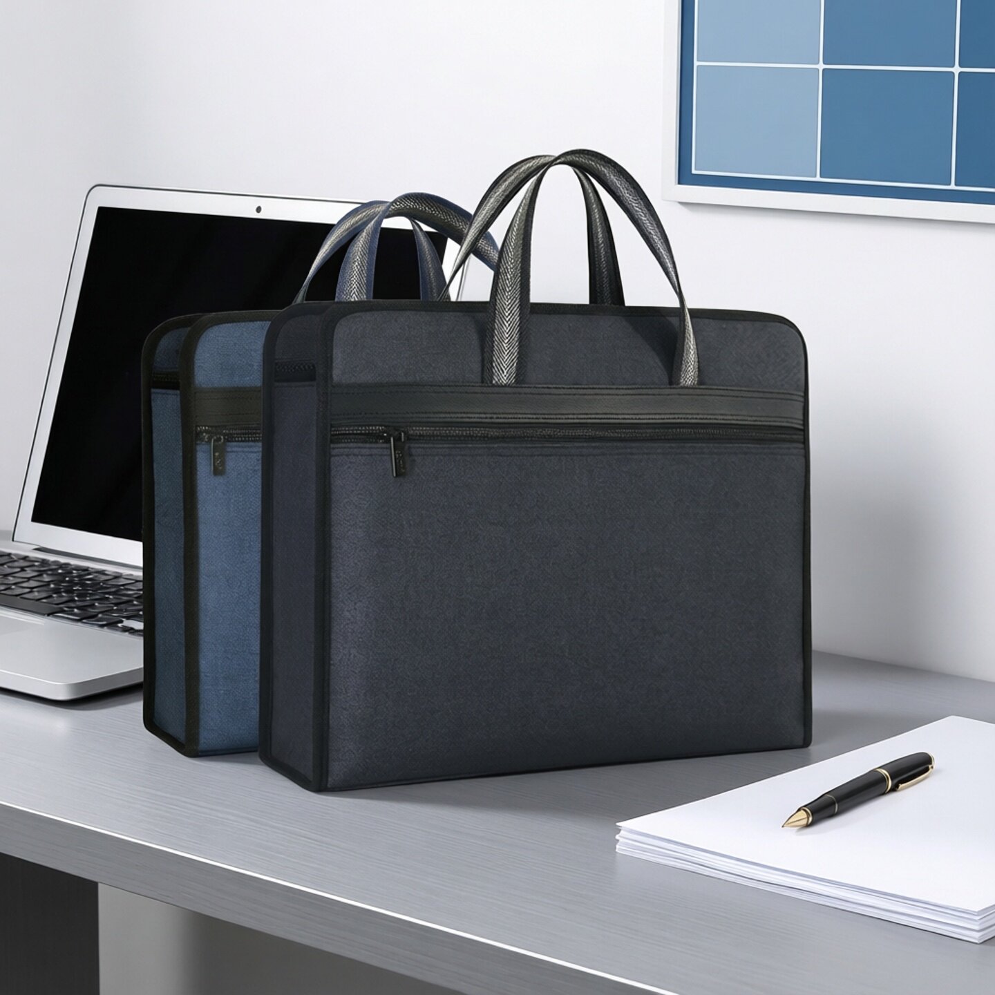 帆布文件袋a4商务办公文具资料袋拉链多层收纳袋防水会议公文袋加厚补习包女士手提包男士公文包黑色定制logo