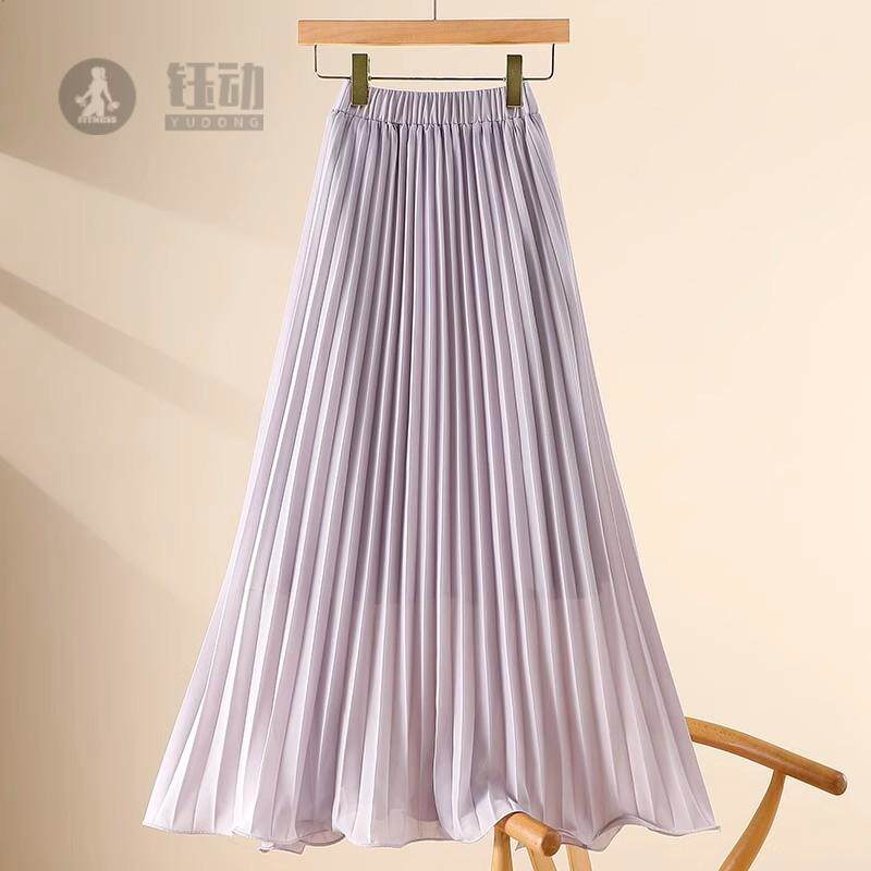夏季气质高腰松紧腰垂感显瘦雪纺百褶半身裙女度假长裙中长款裙子