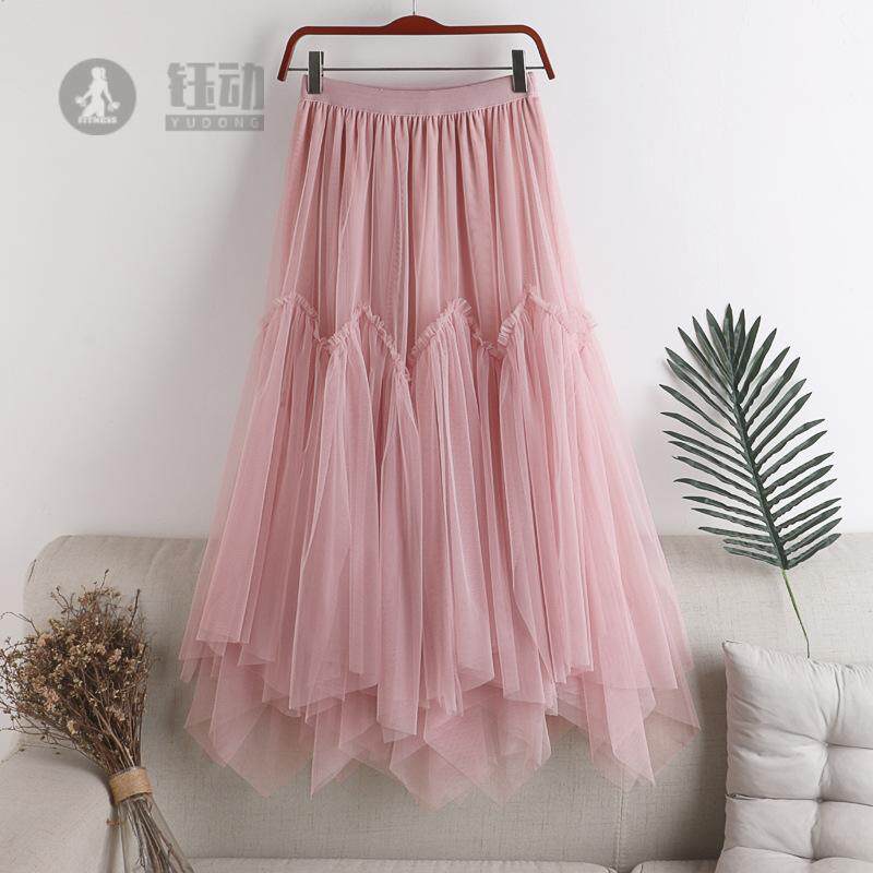 2024新款高腰显瘦中长款不规则双层网纱拼接半身裙女蓬蓬裙子纱裙