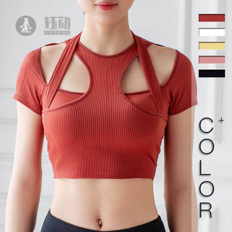 新款高弹露肩瑜伽服女短袖