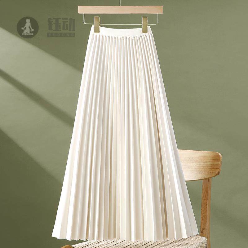 米白色百褶半身裙女春夏复古高腰遮胯休闲百搭大摆中长款A字裙