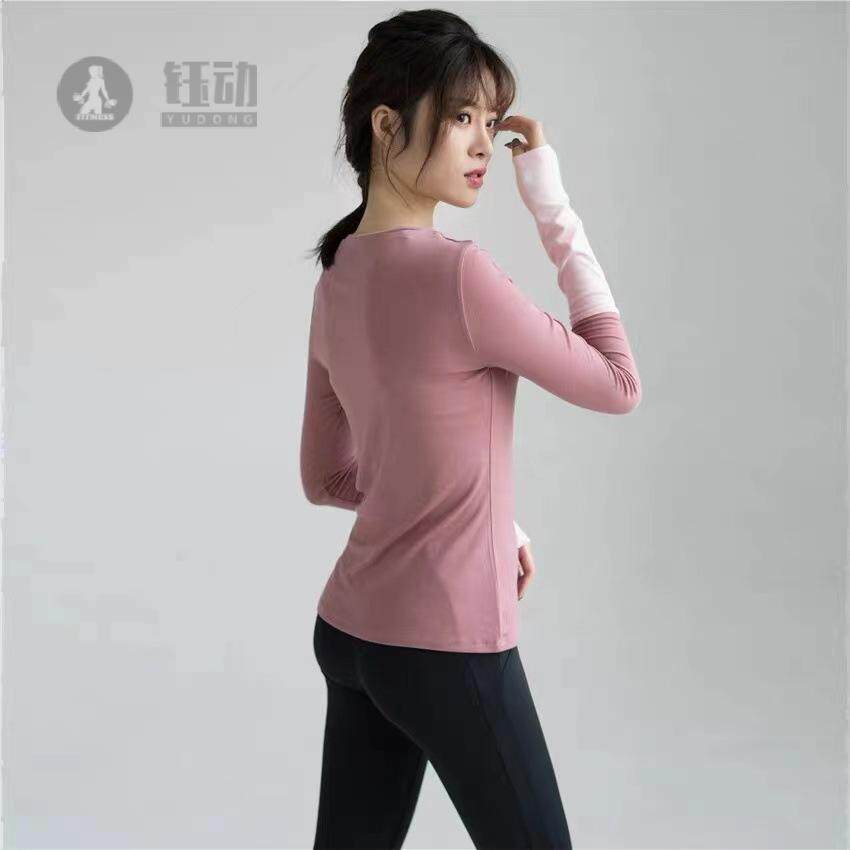 瑜伽服长袖上衣女拼色感户外运动服短袖女士春秋款紧身