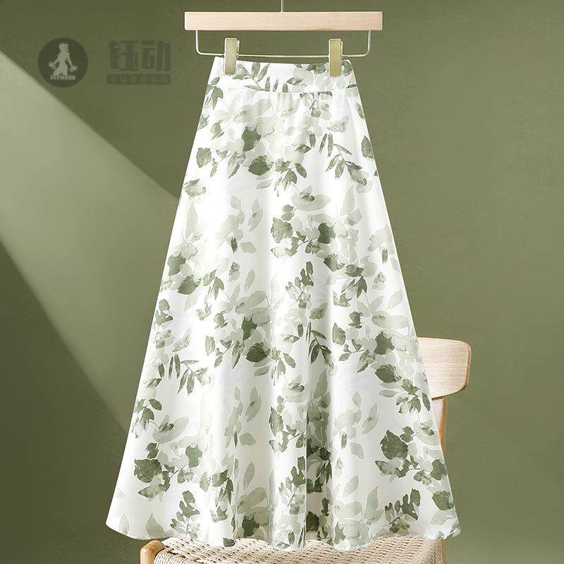 雪纺碎花半身裙女款韩版高腰中长款遮胯印花大摆A字裙3D印花