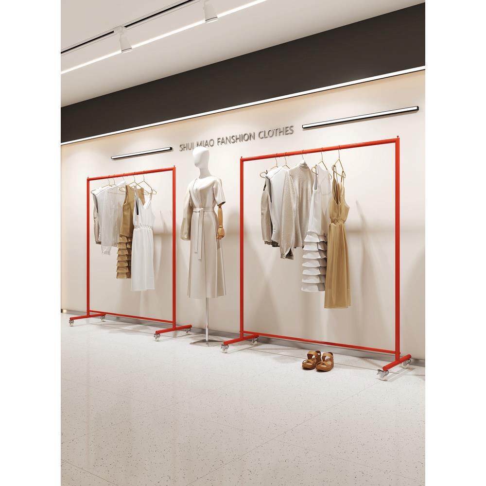 服装店展示架男女装店不锈钢专用落地式挂衣架中国红陈列侧挂货架