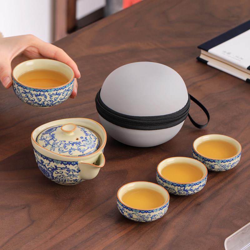 青花汝窑快客杯一壶四杯可携式旅行茶具套组户外露营功夫泡茶壶