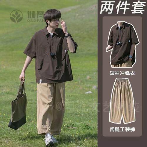 日系Polo衫短袖男潮牌复古工装风