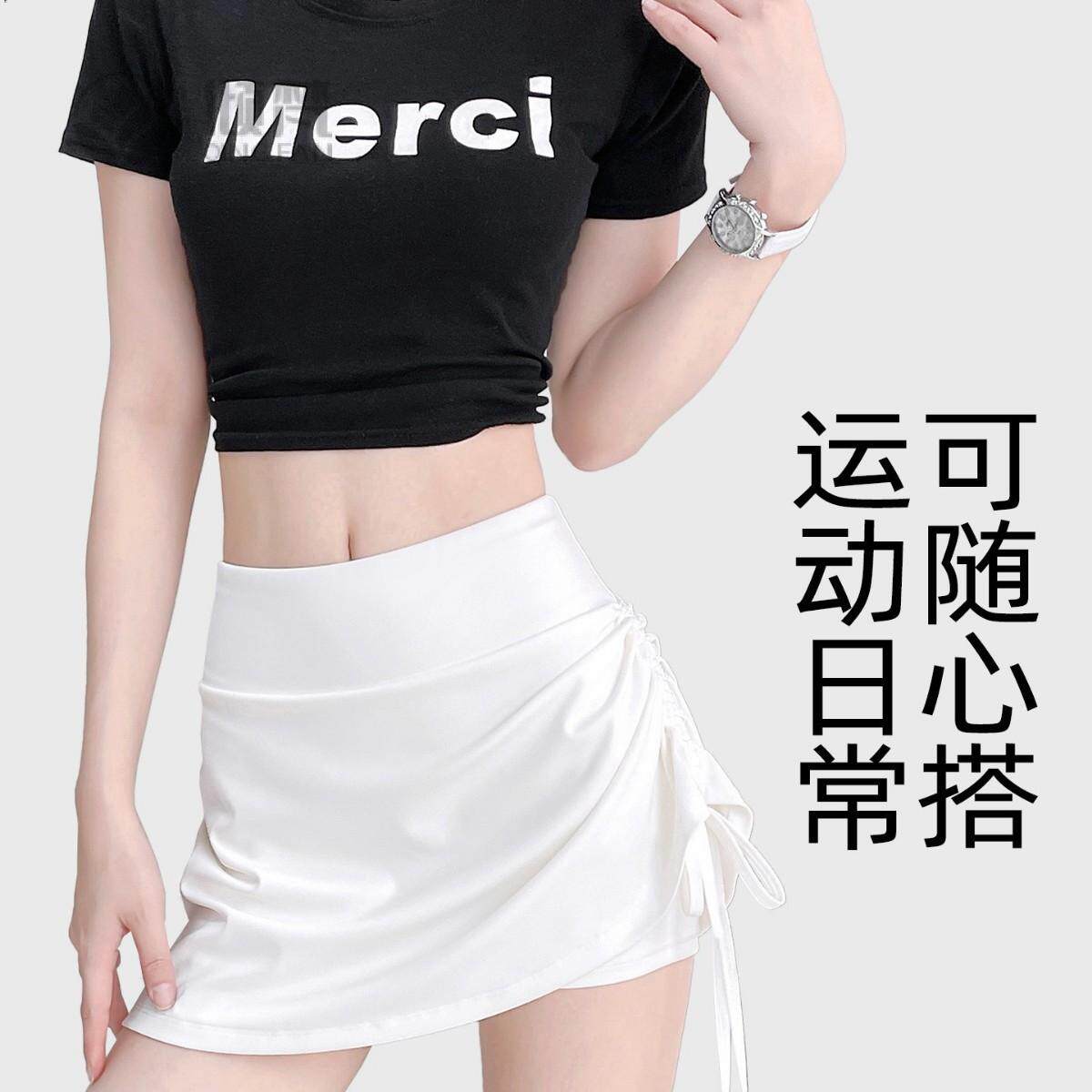 春款抽皱高腰防走光假两件运动女