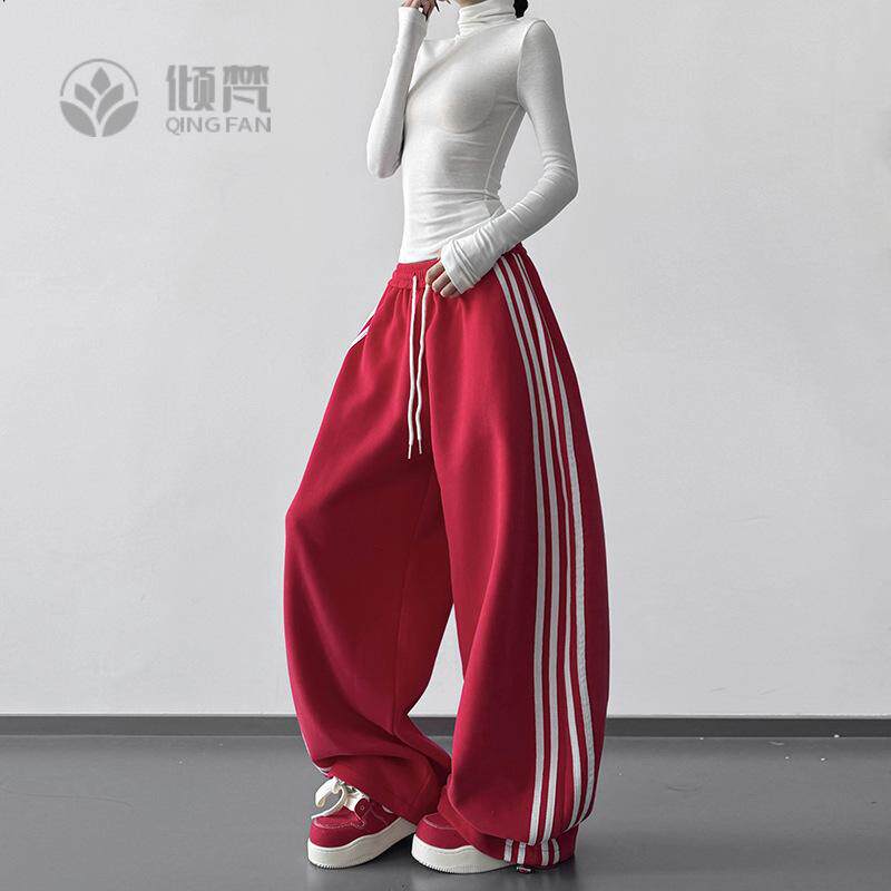 2025秋冬新款美式休闲裤女宽松直筒阔腿卫裤百搭显瘦抽绳束脚裤子