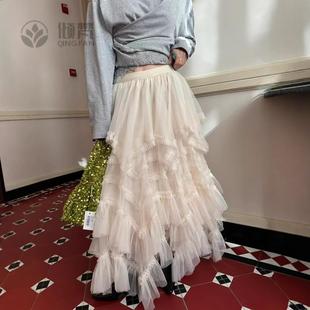 韩国不规则蛋糕裙春季 显瘦宽松气质网纱a字半身裙长裙女5310 新款
