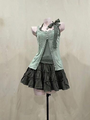 古早千金 夏季新款日系千金风甜美蝴蝶结叠穿蕾丝上衣半裙三件套