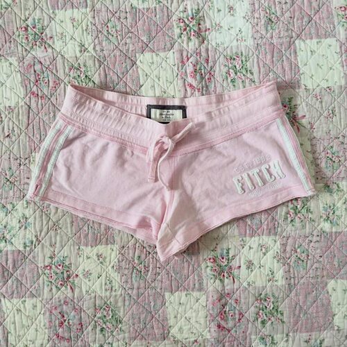 美式复古vintag古着粉色抽绳低腰短裤女条纹侧边辣妹修身运动热裤