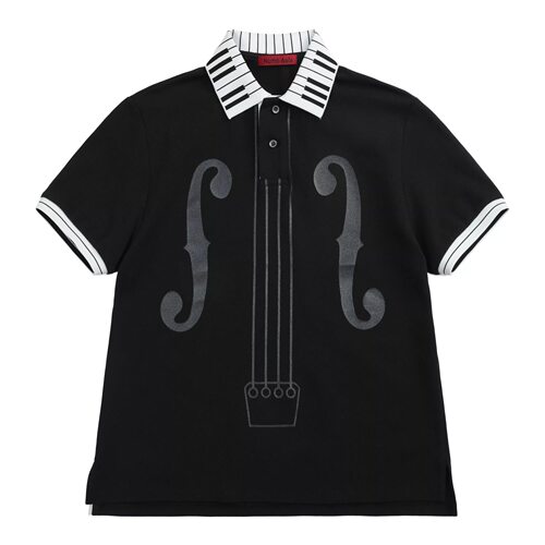 钢琴领音符闪粉印花黑白正肩合身轻亚短袖T恤POLO衫男女通用上衣.