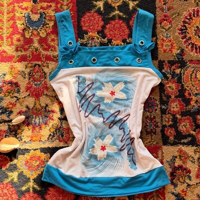 美式复古Vintage古着蓝白撞色花朵印花吊带背心女小众设计感上衣