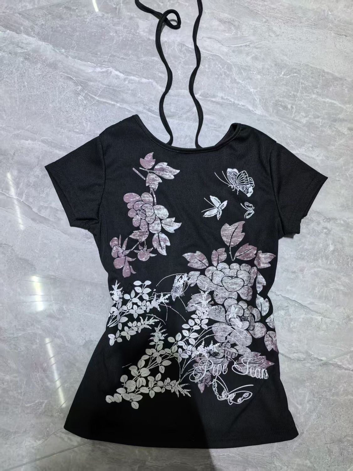 美式复古Vintage古着绑带后背镂空印花短袖T恤女夏设计感甜辣上衣