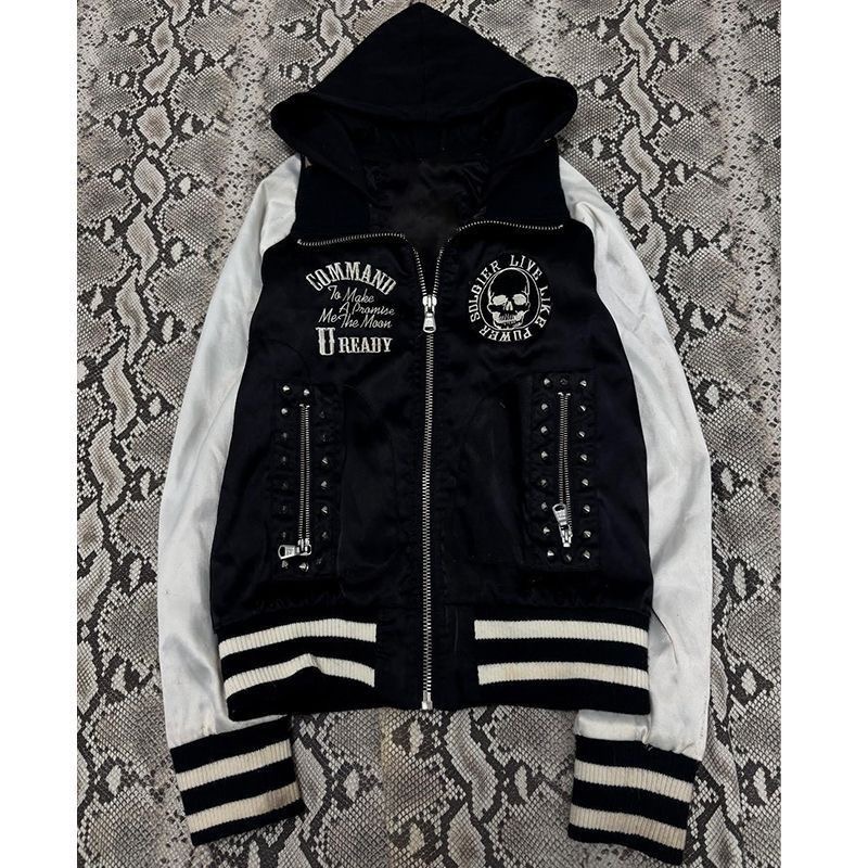 日系外贸vintage古早味复刻秋冬款骷髅字母黑白插肩连帽卫衣外套