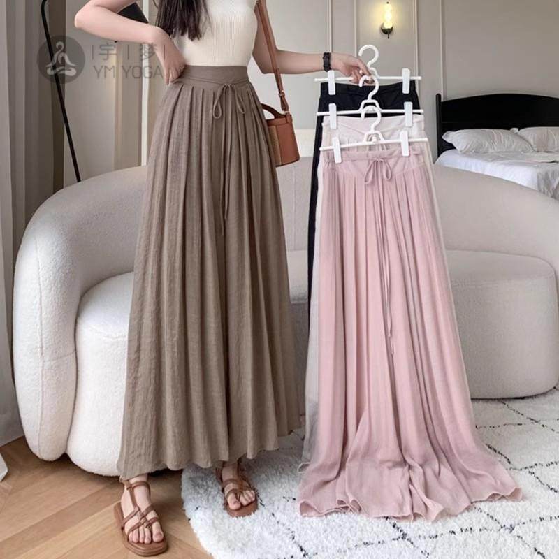 松紧腰飘飘裤裙子女夏季薄新款高腰垂感绑带冰丝百褶阔腿裤子