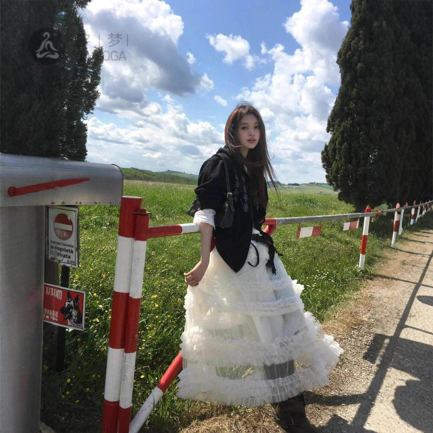 韩国重工花边蛋糕纱裙子甜美风高腰A字木耳边白色网纱半身裙4