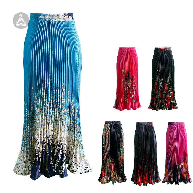 2024新款欧美女装印花色丁金属亮色长款风琴百褶裙鱼尾半身裙