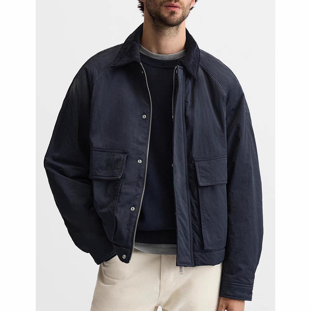 ZA 2025春秋新品 男装 拼接领口棉服翻领口袋饰夹克外套 3918631